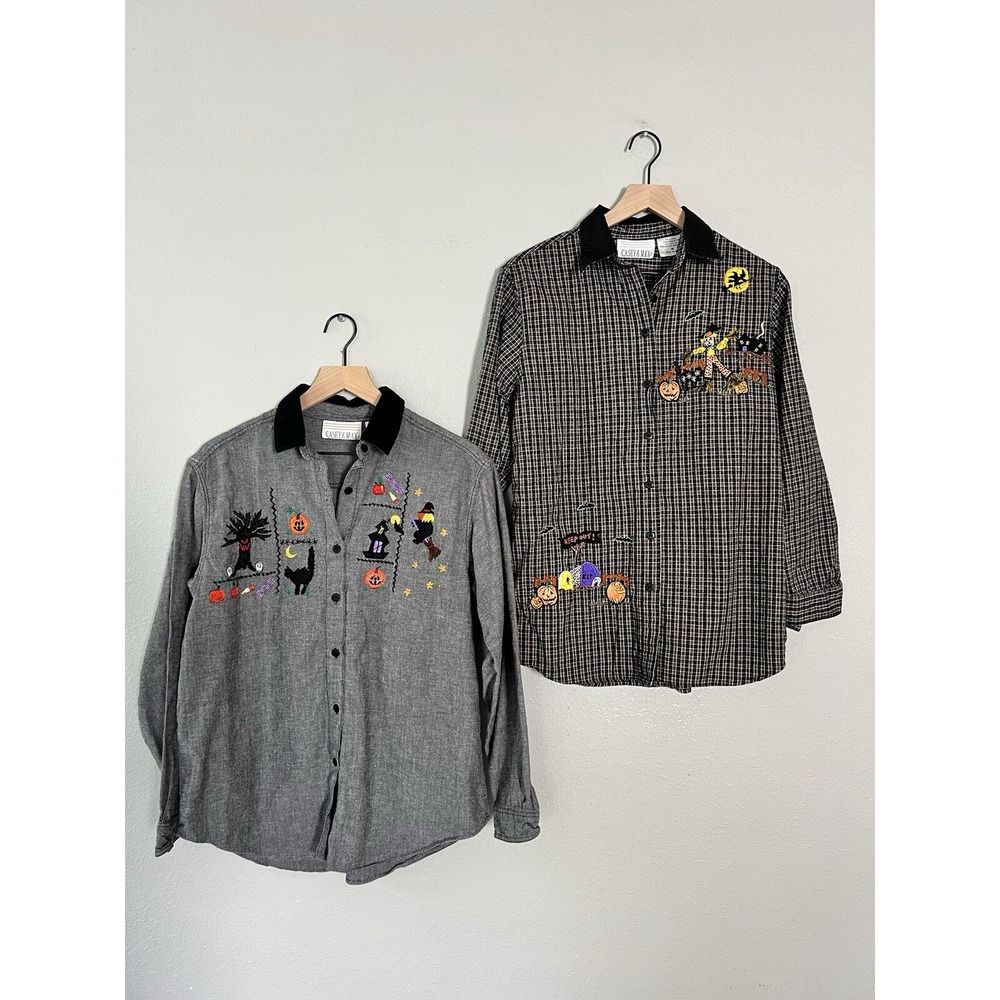 VTG Casey & Max Halloween Plaid Embroidered Teacher Top Fall Pumpkin Witch Cat M